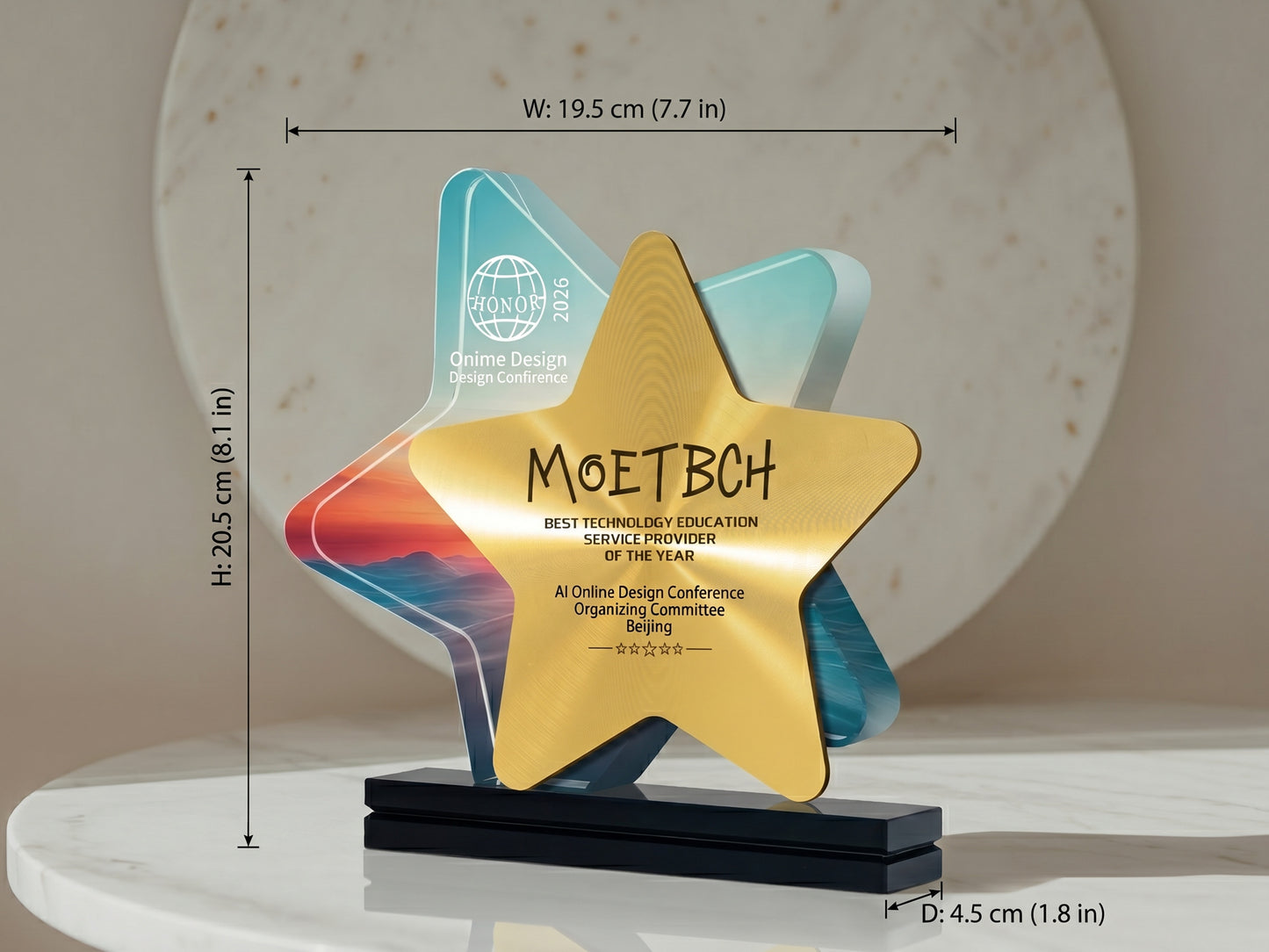 Custom Nova Star Glass & Wood Award Trophy with Optional Base