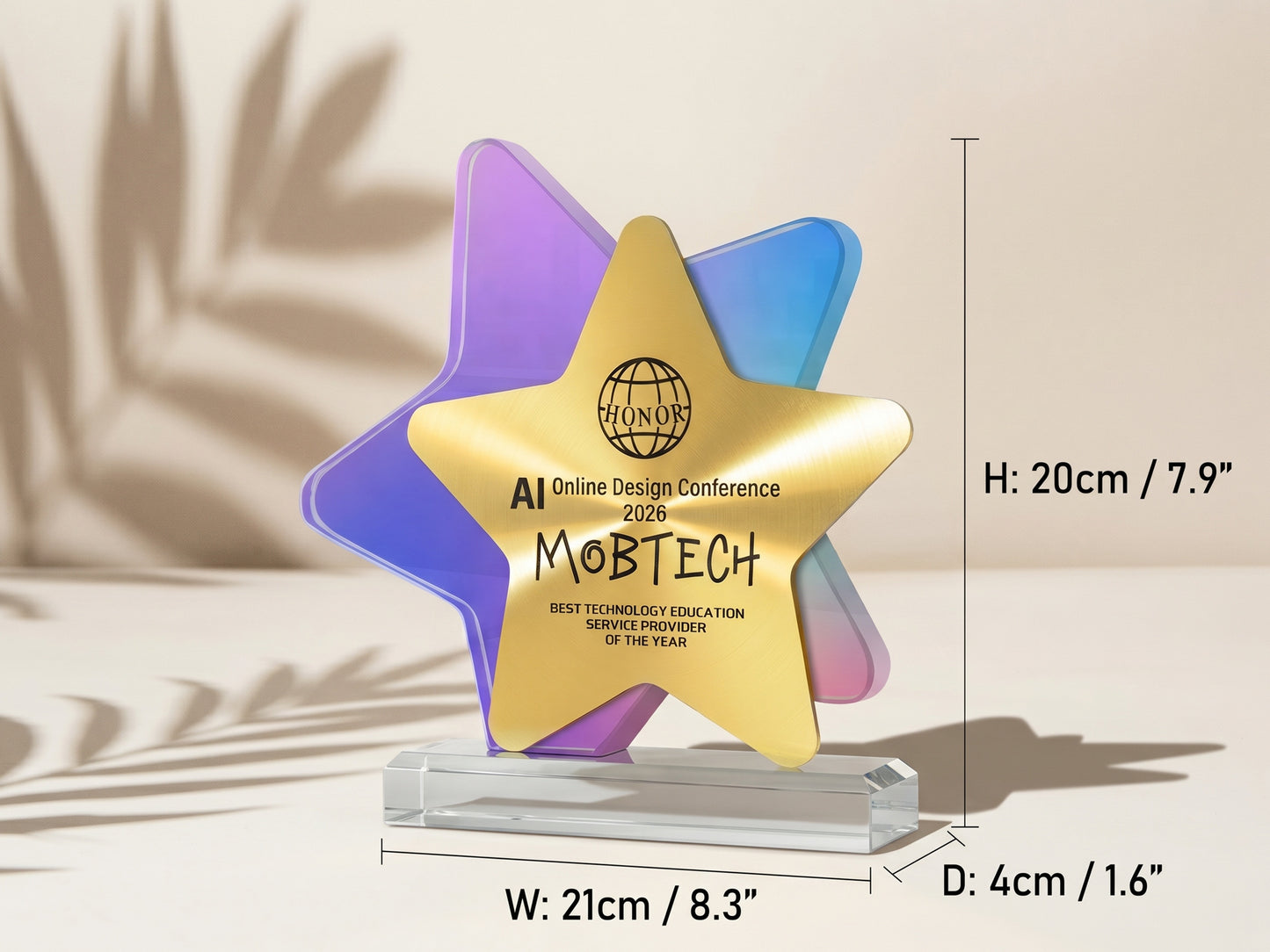 Custom Nova Star Glass & Wood Award Trophy with Optional Base
