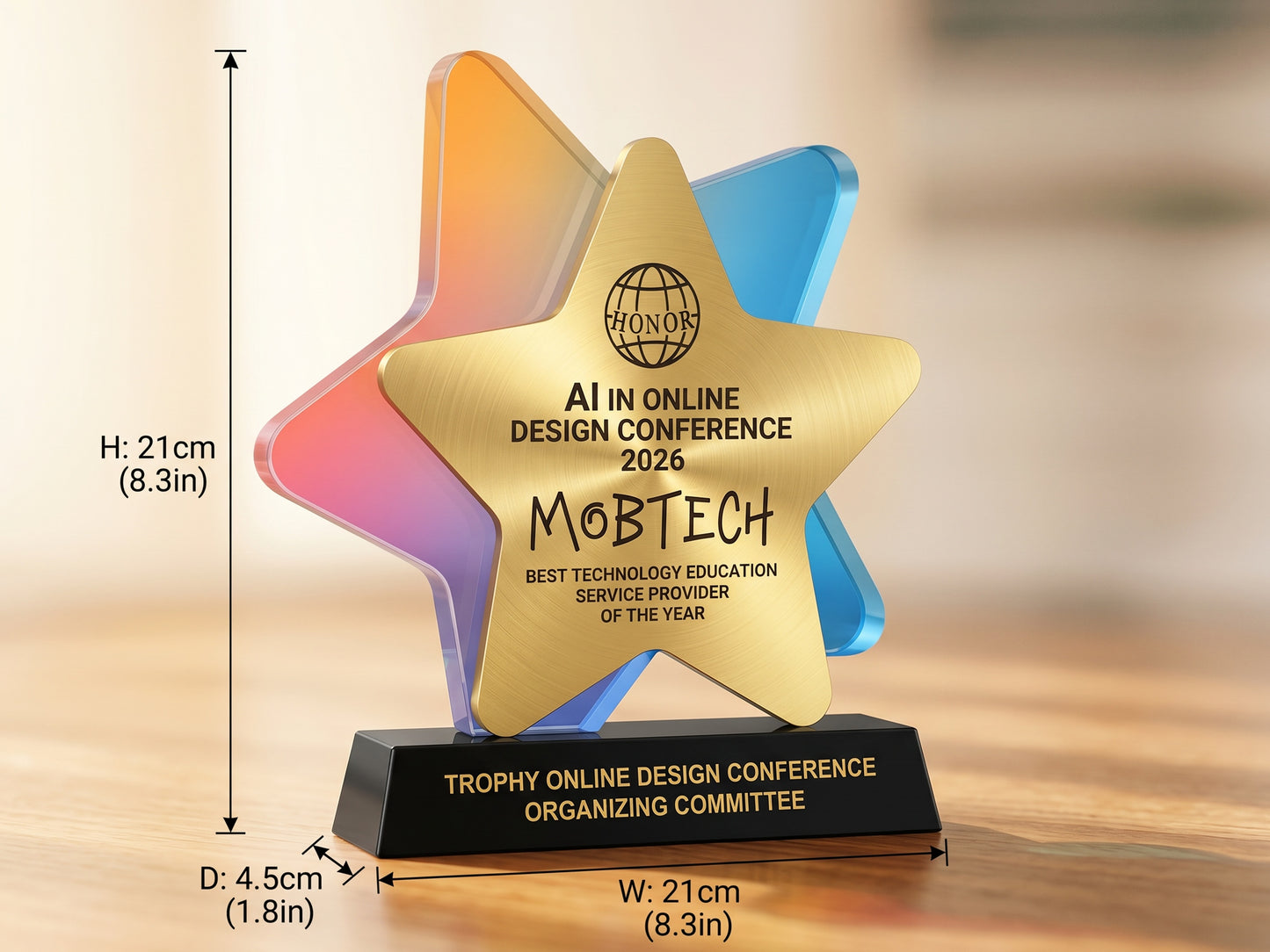 Custom Nova Star Glass & Wood Award Trophy with Optional Base