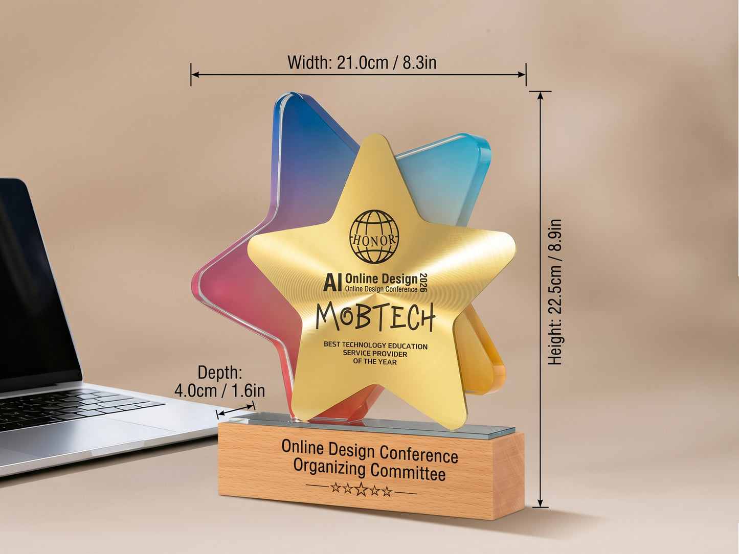 Custom Nova Star Glass & Wood Award Trophy with Optional Base