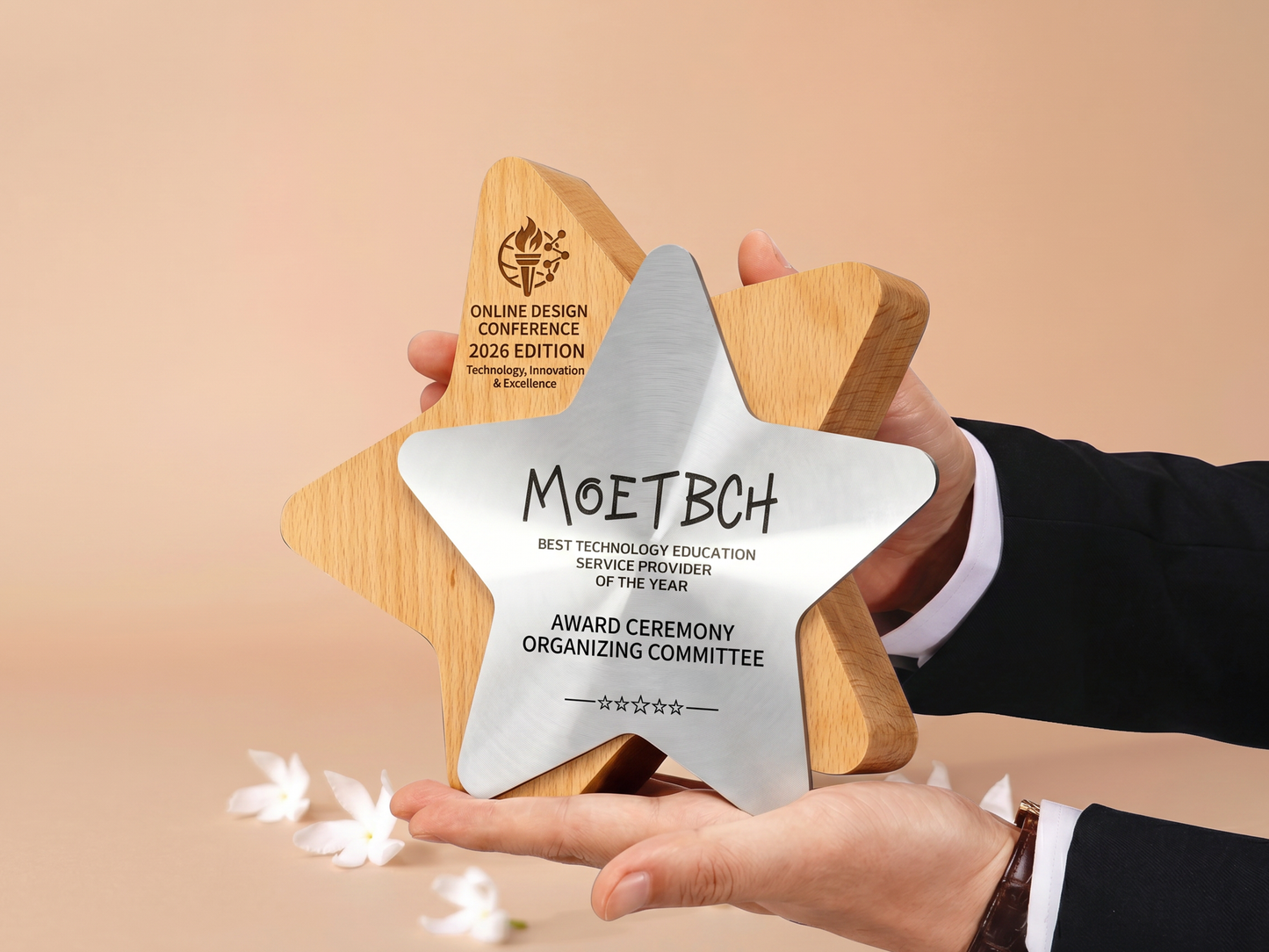 Custom Nova Star Glass & Wood Award Trophy with Optional Base