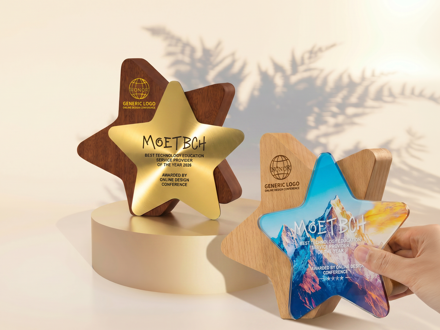 Custom Nova Star Glass & Wood Award Trophy with Optional Base