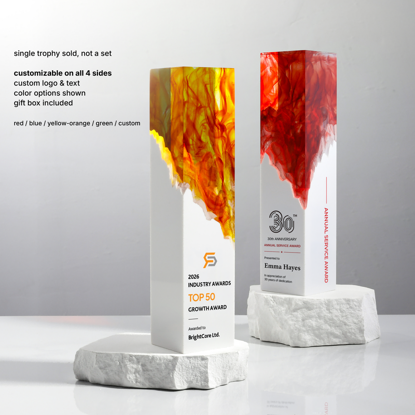 Flame Resin Pillar Custom Award | 4-Sided Personalized Corporate Trophy